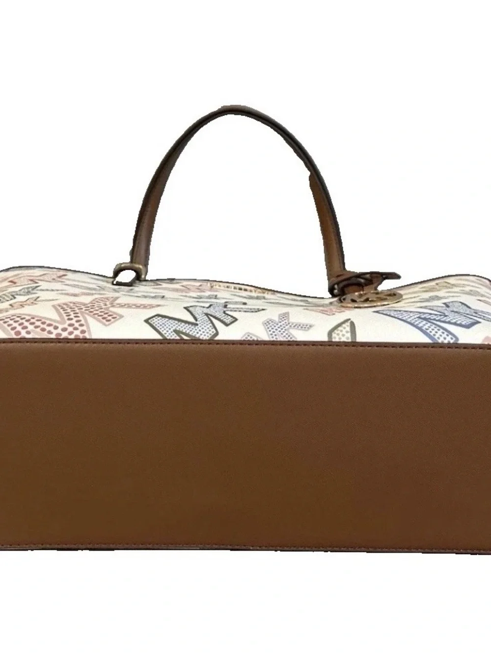 Michael Kors White Multi MK Logo Tote with Brown Trim
